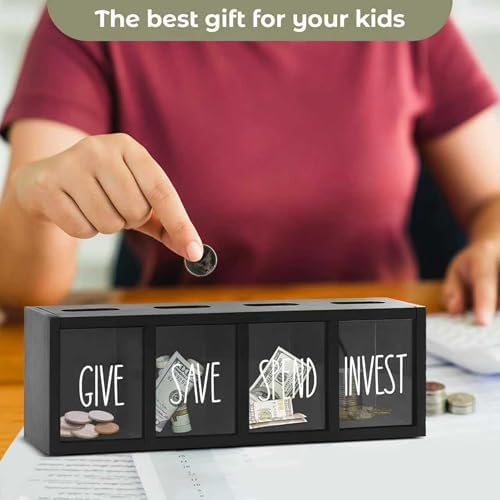 Save Spend Give Bank for Kids, Wooden Piggy Bank with 4 Compartments, Transparent Wall-Mount Savings Box with Magnetic Lid, Black - Image 3