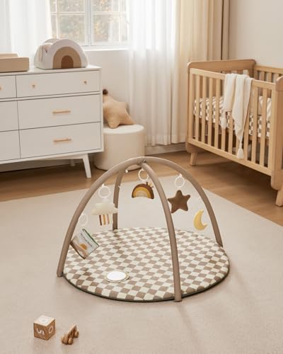 Blissful Diary Baby Play Gym Mat, Play Mat Activity Mat with 6 Detachable Toys for Stage-Based Sensory & Motor Skill Development, Easy to Install & Clean, Baby Essentials Gift, Brown Checkerboard - Image 5