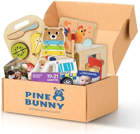 Pine Bunny Montessori Wooden 10-in-1 Toy Set for 19+ Months, Police Car, Triangular Lockbox, Cutting Fruits, Farm Cube Puzzle, Bear Xylophone, Educational Learning Problem Solving Music Toddler Toys - Image 5