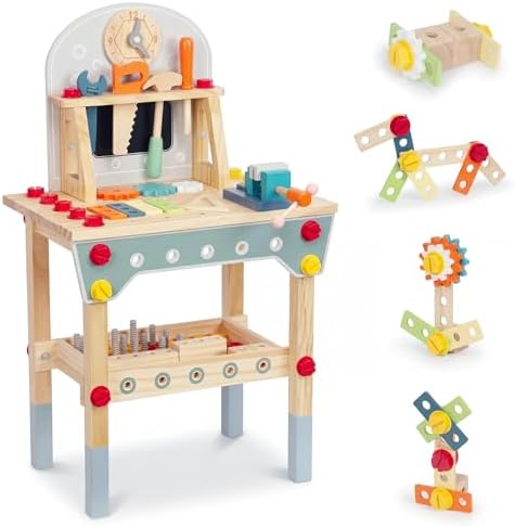Kids Tool Bench with 86Pcs Accessories, Wooden Toddler Workbench for Boys Girls Age 3-5, Pretend Play Construction Tools Set with Saw Hammer Wrench Chalkboard & Large Storage by WoodenEdu