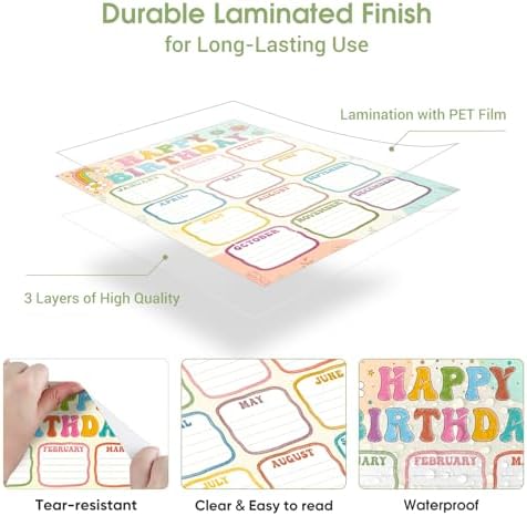 FaCraft Boho Birthday Chart Poster for Classroom - 16.5"x12" Reusable Laminated Happy Birthday Calendar with Glue Dots Bulletin Board Decorations Back to School Teacher Supplies Class Wall Decor - Image 4