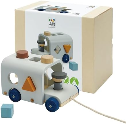 PlanToys® Wooden Shape Sorting Bus Toy for Kids Ages 3+ Montessori Play Set by PlanToys