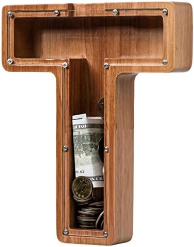 Piggy Bank for Kids Boys Girls, Wooden Large Letter Piggy Bank Alphabet Money Bank with Initial T, Coin Bank Fun Gifts for Birthday, Christmas, Festival, Baby Shower by Ladenk