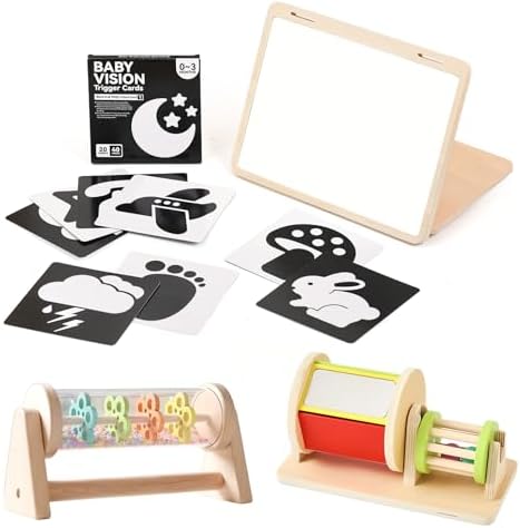 IEATFO Tummy Time Toys with Large Baby Mirror, Rain Stick Sensory Sound Training, Spinning Drum & Rolling Rattele by IEATFO