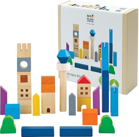 PlanToys® Cityscape Blocks Wooden Montessori Building Imaginative Kids Set by PlanToys