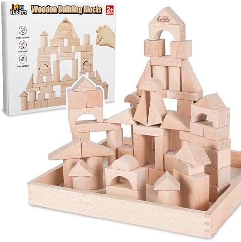 iPlay, iLearn Kid Wooden Building Block Toy Set, Toddler Natural Wood Block by iPlayiLearnLLC