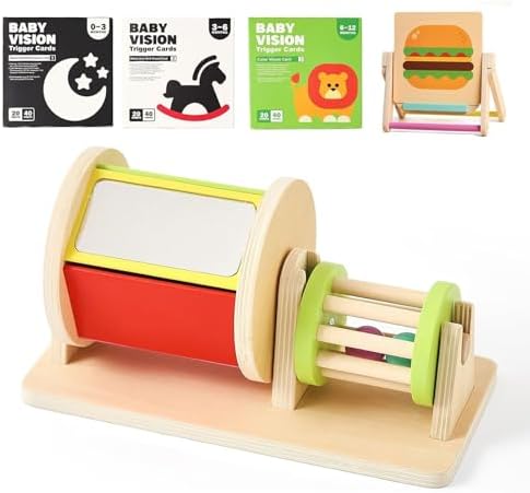 IEATFO Tummy Time Play Set | Wooden Spinning Drum & Rolling Rattle | Rotating Baby Safe Mirror with 120 Pages Visual Stimulation Cards by IEATFO