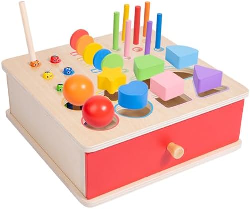 Wooden Shape Sorter Box, Montessori Activity Cube with Ball Drop, Worm Catching & Pegs by Unknown