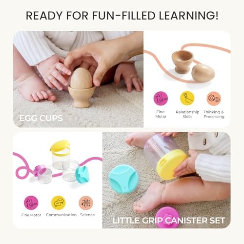 Tiny Land Montessori Toy Set for Babies 1 Year Old Thinker Play Kit- 5-in-1 Wooden Learning Toys with Peg Drop Box, Rocking Stacker, Egg Cup, Canister Set, and Crinkle Bag - Image 6