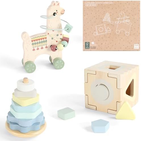 FReniland Montessori Toys for 1 Year Old，3-in-1 Wooden Baby Toys，Wooden Stacking Toy，Toddler Shape Sorting Cube, Llama Ring Toy,Newborn Baby Gift Sets for Boys and Girls by Freniland