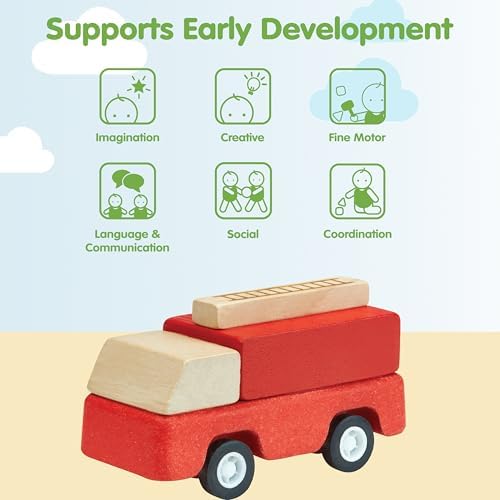 PlanToys® Fire Truck Wooden Montessori Vehicle Kids Indoor Outdoor Play Toy - Image 4
