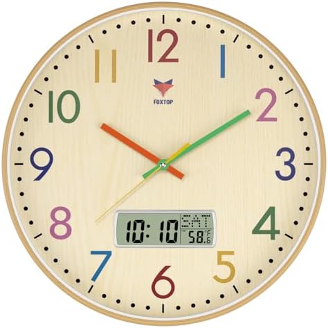 Foxtop Digital and Analog Learning Clock for Kids - Telling Time Teaching Clock 14 Inch Silent Non-Ticking Battery Operated Kids Wall Clock for Kids Room Playroom Nursery Classroom School by Foxtop