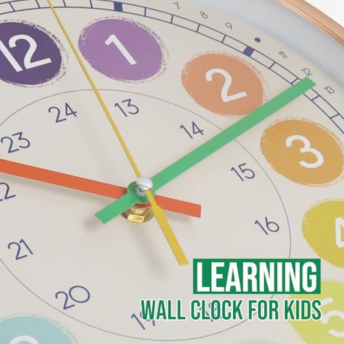 Kids Wall Clock Telling Time Silent Non-Ticking Learning Clock Colorful Teaching Wall Clocks Round Plastic Analog Educational Decor Clock for Classroom, Playroom (EDU3-Rose Gold, 10 inch) - Image 5