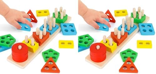 LovesTown Stacking and Sorting Learning Puzzles, Montessori Wooden Sensory Toys for Toddlers, 20 PCS (Pack of 2) by Lovestown