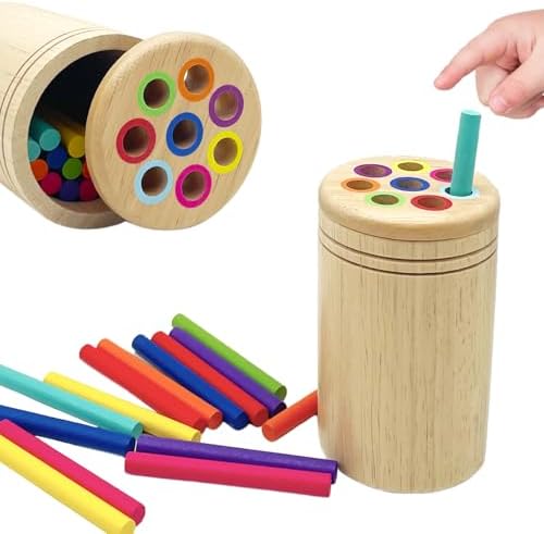 Wooden Montessori Sticks Toys for Kids, 8 Colors Natural Wood Toddler Learning Sorting Toys for 3 Year Old, Sensory Matching Game Birthday Gifts for Boys Girls (Round Sticks) by Unknown