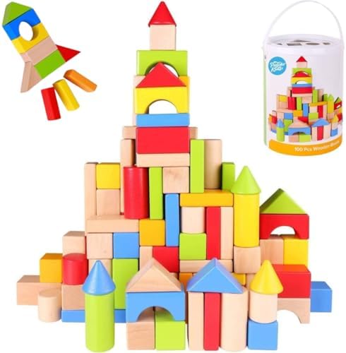Pidoko Kids Building Blocks for Toddlers 1-3, 100 Pcs Wooden Blocks by PidokoKids