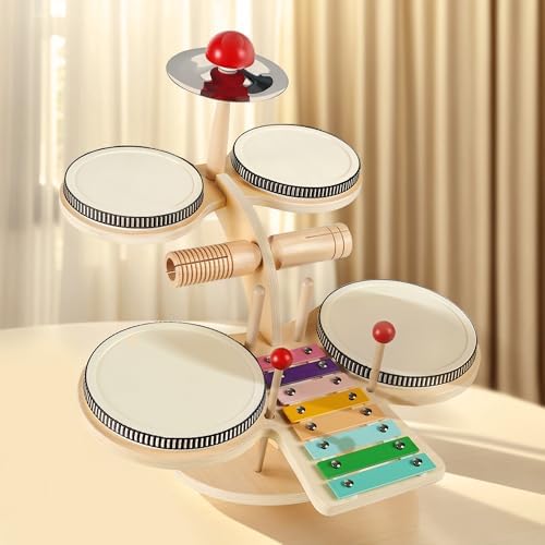 iPlay, iLearn Toddler Wooden Drum Set, Kids Musical Instruments Toy, 8 in 1 Percussion Drum Kit W/Xylophone Cymbal, Baby Montessori Learning Birthday Gifts for 18 Month, 2 3 4 5 6 Year Old Boy Girl by iPlayiLearnLLC