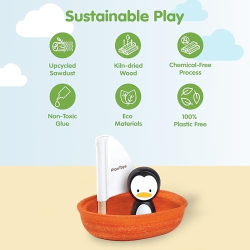 PlanToys® Wooden Penguin Sailing Boat Bath Toy for Toddlers, Montessori - Image 3