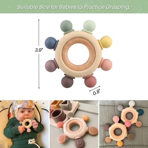 Baby Teething Toys, Silicone Chewable Teethers with Wooden Ring for Soothing Babies Gums, Rudder Chewers Shower Gift for lnfants & Toddlers, 3+ Months (8 Directions, Gray) - Image 7