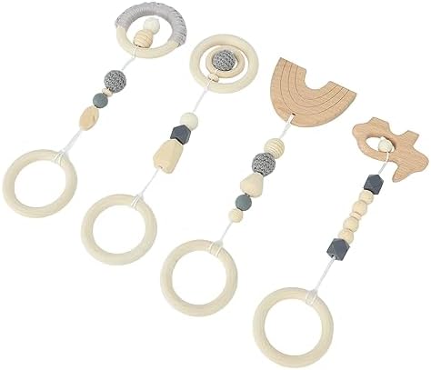 Baby Gym, 4Pcs Wooden Hanging Toys for Newborns, Play Gym Toys with Activity Nursing Rings for 0-6 Months (Gray) - Image 5