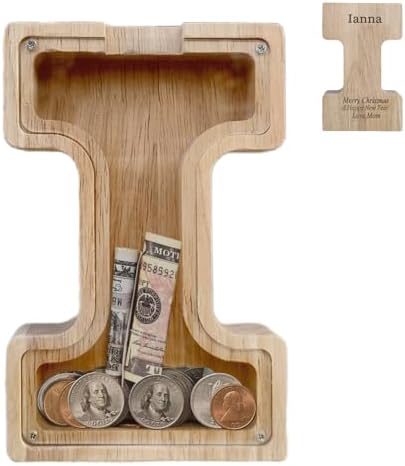 Wooden Letter Piggy Bank for Kids Boys Girls,Personalized Piggy Bank (Laser Engraving),A-Z Letters Coin Bank Money Box Customized Name, for Family Christmas Birthday Gift (I) by FINDAMAZE