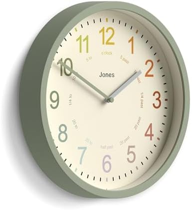 JONES CLOCKS® Kids wall Clock | Small Modern Children’s Nursery Clock | 10" | Sage Green | Colourful dial for Learning to Tell the time by JONESCLOCKS