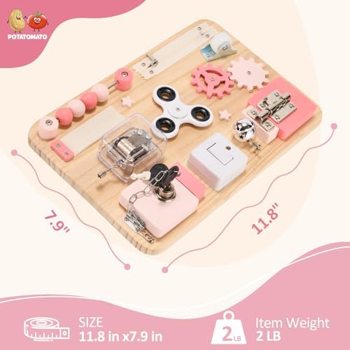Potatomato Pink Montessori Wooden Busy Board – Sensory Toy for Toddlers – Educational Activity Board for Kids Fine Motor Skills– Travel Fidget Toy for Girls & Boys – Birthday Gift for Autism & ADHD - Image 2