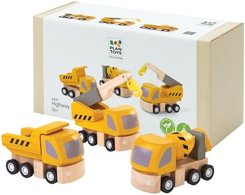 PlanToys® Highway Maintenance Wooden Montessori Vehicle Imaginative Kids Set by PlanToys