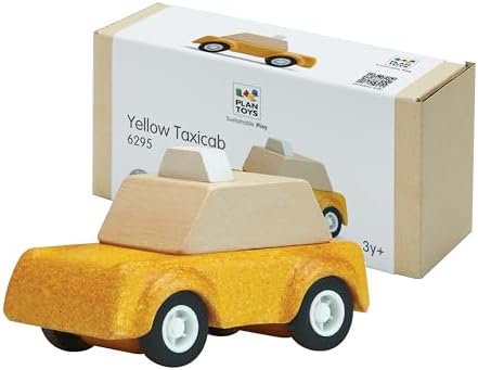 PlanToys® Yellow Taxicab Wooden Montessori Vehicle Kids Indoor Play Toy Set by PlanToys