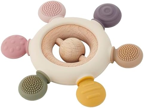 tickit Silisoft Rattle Teether | Sensory Baby Teether with Textured, Food-Grade Silicone and Natural Beechwood | Removable Wooden Rattle for Teething Relief and Development by TickiT