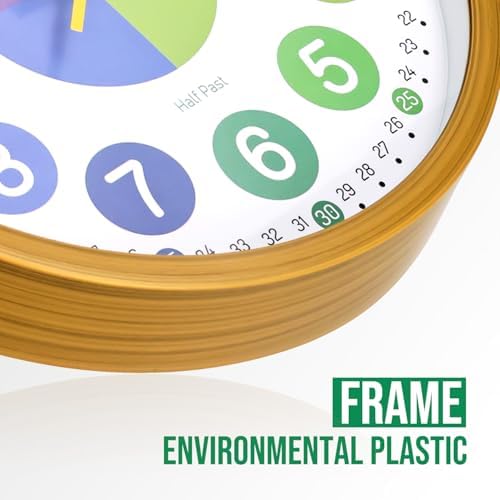 Kids Wall Clock Telling Time Silent Non-Ticking Learning Clock Colorful Teaching Wall Clocks Round Plastic Analog Educational Decor Clock for Classroom, Playroom, Bedroom (EDU1-Wood, 10 inch) - Image 4