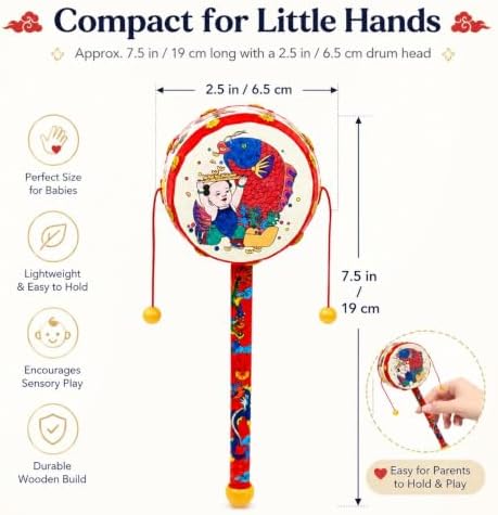 Wooden Baby Drum Toy, Traditional Chinese Spinning Rattle Drum for Newborns Infants, Natural Wood Sensory Toy for Hearing Development (7.5 Inch - Image 4