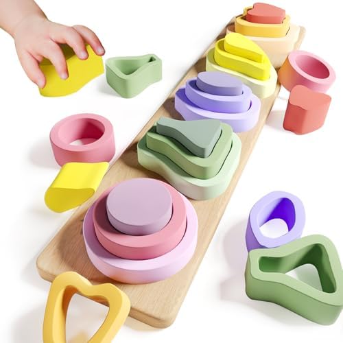 Symdiro Montessori Toys for 1 2 3 Year Old Boys Girls - Wooden Sorting & Stacking Toys for Kids - Toddler Toys Age 1-3 - Shape Sorter and Color Stacker Preschool Kids Gifts by Symdiro