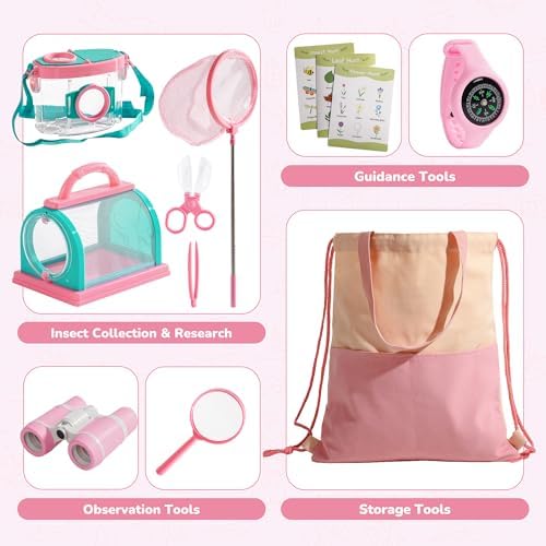 ROBOTIME Bug Catcher Kit for Kids, 12Pcs Explorer Kit, Outdoor Adventure Set with Kids Binoculars, Butterfly Net, Insect Box, Magnifying Glass and Compass Watch for Toddlers 3-12 (Pink) - Image 2