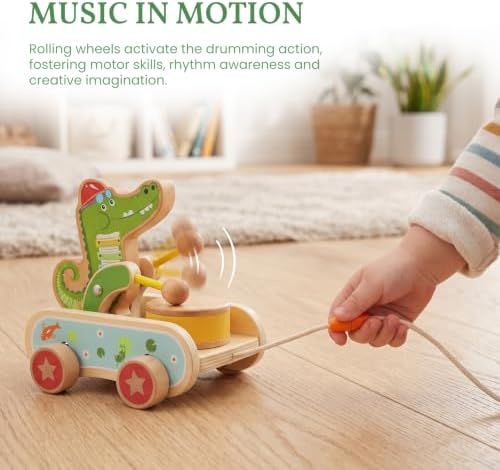 Wooden Push Toys for Toddlers 1-3, Crocodile Beating Drum Walking Pull Toy - Image 2