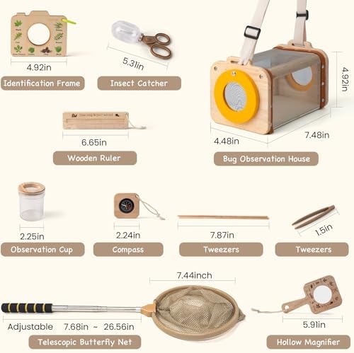 Bug Catching Kit for Kids Ages 3-14, 11PCS Wooden Nature Explorer Set with Butterfly Net, Bug Habitat, Magnifying Glass and Outdoor Insect Tools, Catch-and-Release STEM Educational Toy Gift - Image 3