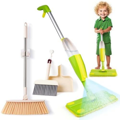 Kids Spray Mop,Toddler Mop Cleaning Set, Real Working Mini Mop & Kids Broom Dustpan Set, Housekeeping Pretend Play Toy, Montessori Kid Cleaning Toy Set Includes Organizer Clip -Green by Lullulii