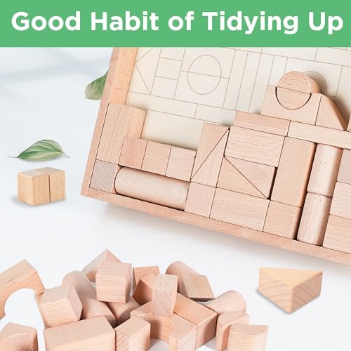 iPlay, iLearn Kid Wooden Building Block Toy Set, Toddler Natural Wood Block - Image 5