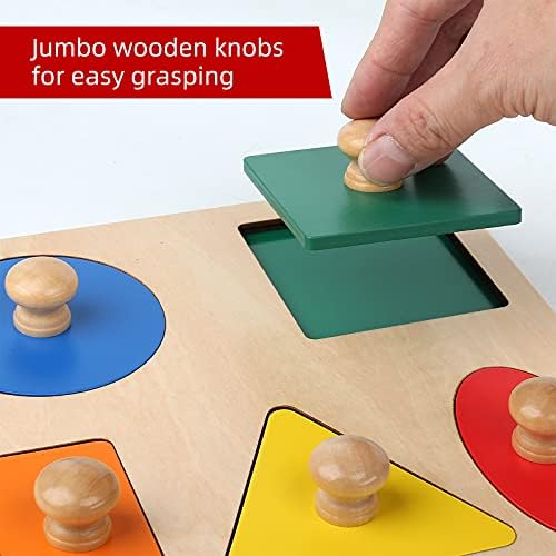 Montessori Wooden Puzzle Board Knob Wooden Puzzle Geometric Shape Puzzle Early Education Material Sensorial Toy for Toddler Shape & Color Sorter (5 Geometry Shape) - Image 2