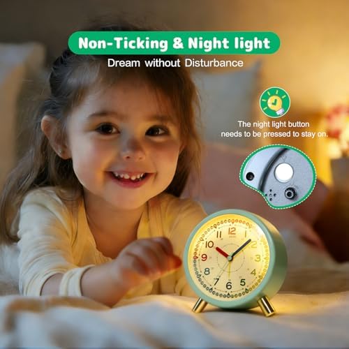Kids Alarm Clock, Silent Non-Ticking, Analog Learning Clock for School Beginners, Stylish Round Metal Clock, Battery Operated, Loud Ringing Kids Back to School Gifts - Image 5