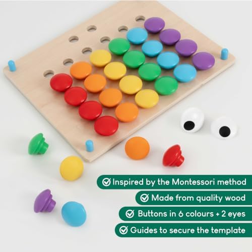 BONNYCO Button Art Toy with 50 Templates and 32 Buttons. Color Matching Peg Board for Kids, Montessori Toys for 2 Year Old, Wooden Puzzle for Toddlers 1-3, Baby Learning Games, Stem Educational Gift - Image 6