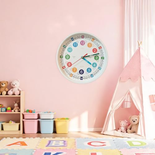 Learning Time 8 Inch Wall Clock for Kids,Non-Ticking Kids Colorful Clock,Silent Wall Clock Decorative for Kids Room ，School Classroom（White，8 Inch） - Image 4