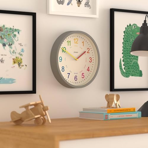 JONES CLOCKS® Kids wall Clock | Small Modern Children’s Nursery Clock | 10" | Gray | Colourful dial for Learning to Tell the time - Image 4