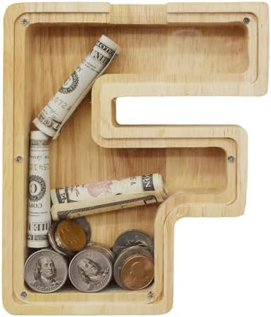 Wooden Letter Piggy Bank for Kids Boys Girls, A-Z Letters Wood Coin Bank Money Box, Piggy Bank for Toddler Family Christmas Birthday Gift(F) by FINDAMAZE