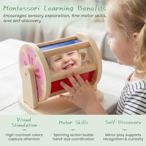 WOODENFUN Montessori Spinning Drum Baby Toys Wooden Tummy Time Mirror Kit - Image 5