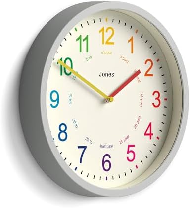JONES CLOCKS® Kids wall Clock | Small Modern Children’s Nursery Clock | 10" | Gray | Colourful dial for Learning to Tell the time by JONESCLOCKS