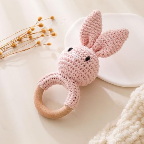 Wooden Baby Rattle，Crochet Bunny Rattle with Wood Ring, Newborn Wooden Animal Rattle Toy，Infant Pink Bunny Wood Rattle Toys by Chriswell