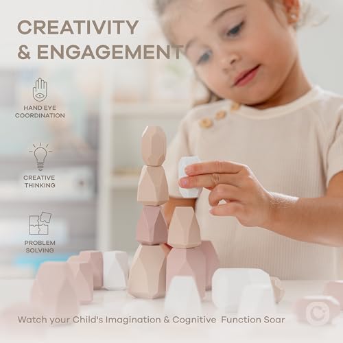Comfy Cubs Stacking Rocks 36 Pieces, 36 Months+, Educational Toddler Stacking Blocks, Promotes Imagination, Balance & Fine Motor Skills - Wooden Rocks Sensory Toys Gift for Kid, Girl Pack - Image 3