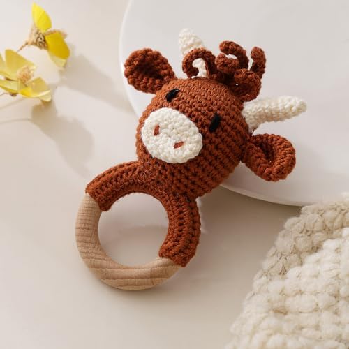Wooden Baby Rattle, Crochet Cow Rattle, Newborn Wooden Animal Rattle Toy, Infant Rattle Toys by Chriswell