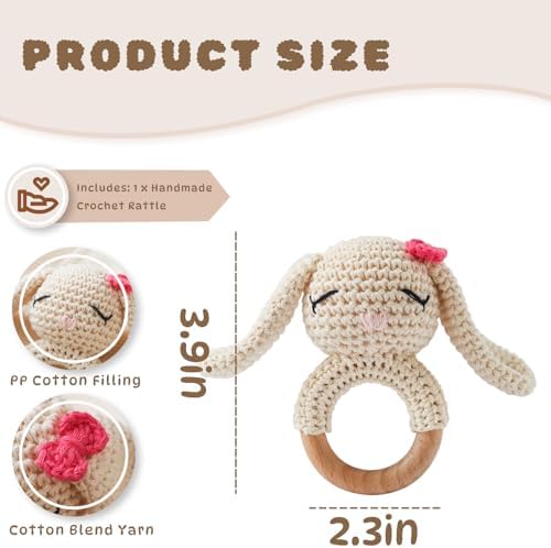 Moyii Handmade Crochet Baby Rattle Toy, 100% Organic Cotton Amigurumi Animal with Natural Beech Wood Teether Ring, Soft Sensory Newborn Toy, Montessori Nursery Gift for Boys & Girls - Image 3